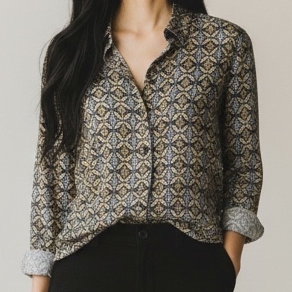 Van Heusen Women's Long Sleeve Button Up Shirt‎ L/G 70s art deco revival Cotton